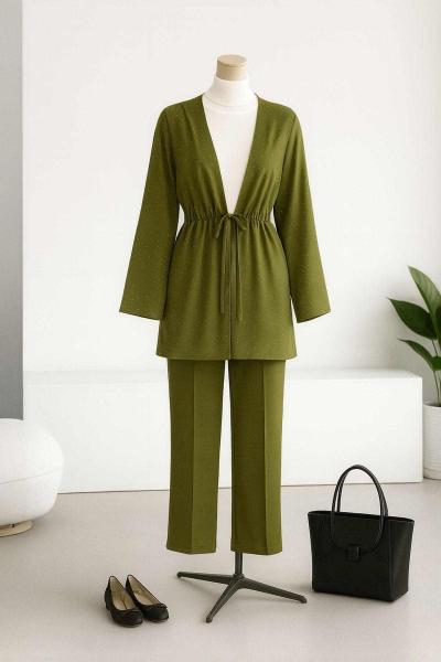 Üstü Taş Detaylı Bağlamalı Pantolonlu Aysho Takım Yağ Yeşili