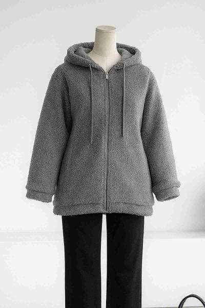 Kapşonlu Fermuarlı Peluş Mont Mint