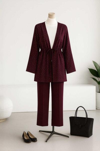 Üstü Taş Detaylı Bağlamalı Pantolonlu Aysho Takım Mürdüm