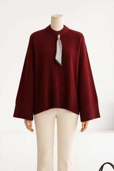 Sıfır Yaka Fularlı Triko Kazak Bordo