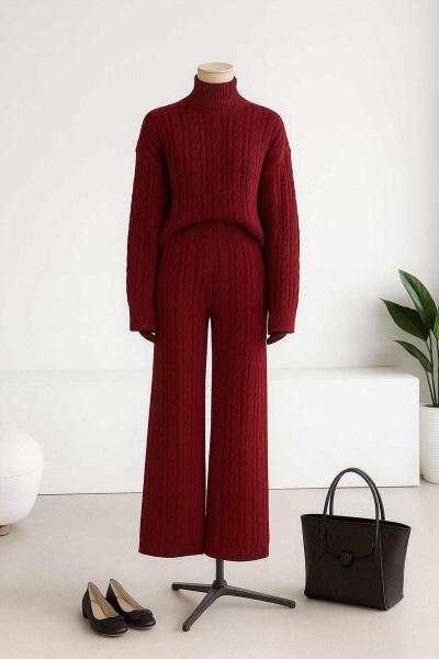 Saç Örgülü Atkılı Üçlü Pantolonlu Triko Takım Bordo