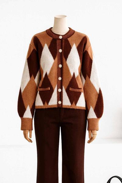 Baklava Desenli Şardonlu Triko Hırka Kahve