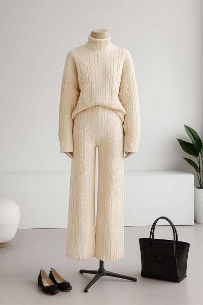 Saç Örgülü Atkılı Üçlü Pantolonlu Triko Takım Krem