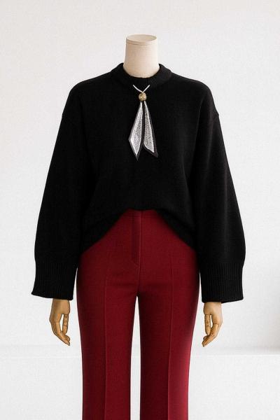 Sıfır Yaka Fularlı Triko Kazak Siyah