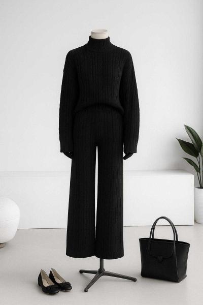 Saç Örgülü Atkılı Üçlü Pantolonlu Triko Takım Siyah