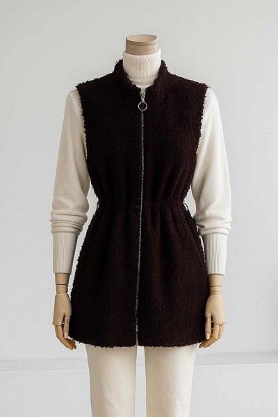 Fermuarlı Çift Cepli Beli Lastikli Buklet Yelek Koyu Kahve