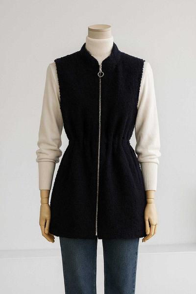 Fermuarlı Çift Cepli Beli Lastikli Buklet Yelek Lacivert