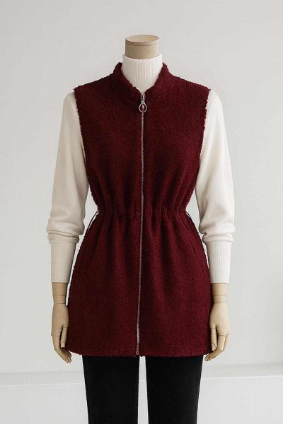 Fermuarlı Çift Cepli Beli Lastikli Buklet Yelek Mürdüm