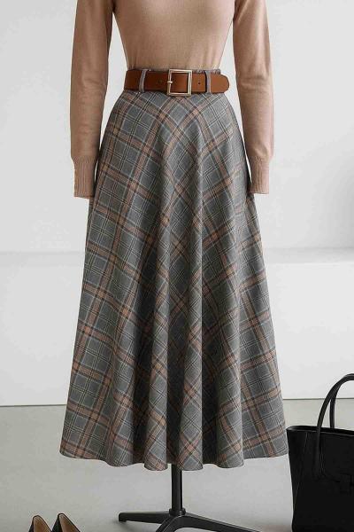 Beli Kemerli Ekoseli Çan Etek Gri