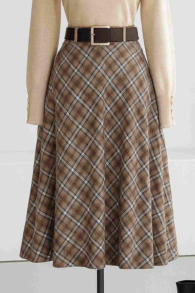 Deri Kemerli Ekoseli Çan Etek Bej