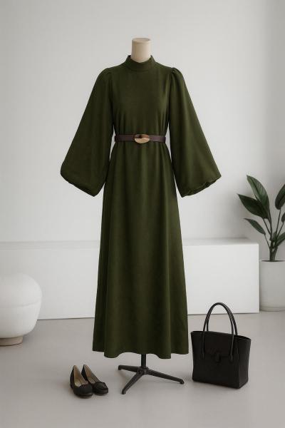 Balon Kollu Kemerli Süet Elbise Haki