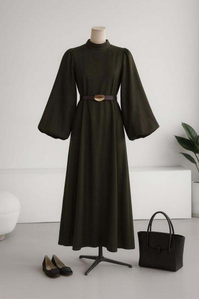 Balon Kollu Kemerli Süet Elbise Kahve