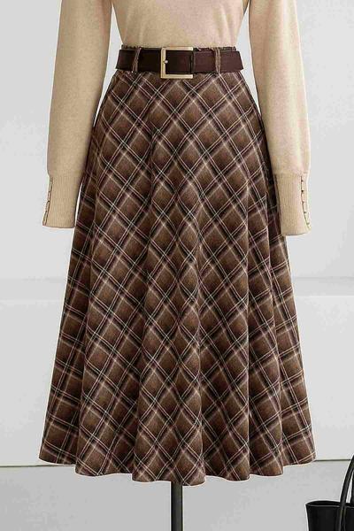 Deri Kemerli Ekoseli Çan Etek Kahve
