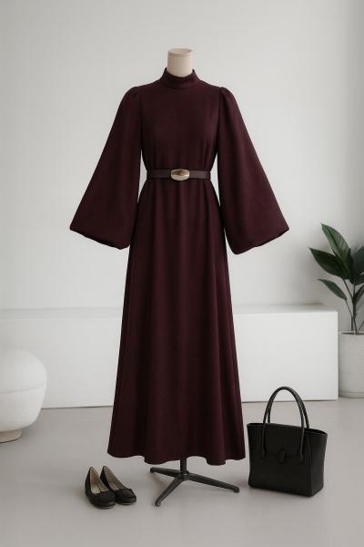 Balon Kollu Kemerli Süet Elbise Mürdüm