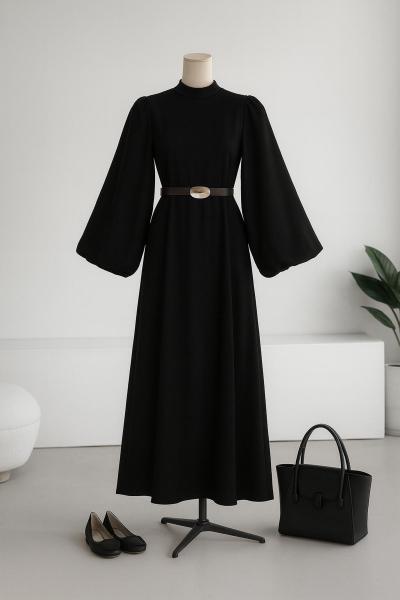Balon Kollu Kemerli Süet Elbise Siyah
