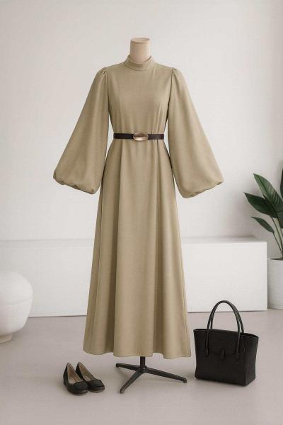 Balon Kollu Kemerli Süet Elbise Vizon