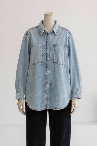 Düğmeli Oversıze Kot Gömlek Açık Mavi