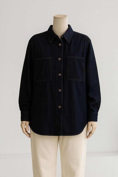 Düğmeli Oversize Kot Gömlek Lacivert