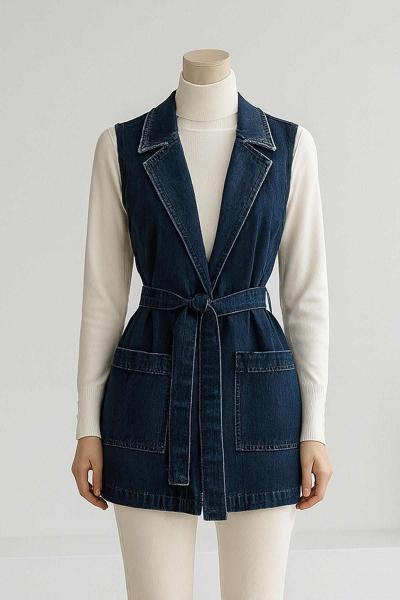 Kuşaklı Kruvaze Yaka Yelek Koyu Mavi