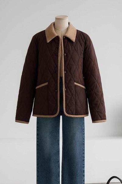 Kadife Yakalı Kapitone Şişme Mont Kahve