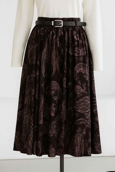Şal Desenli Kemerli Beli Lastikli Kadife Etek Kahve