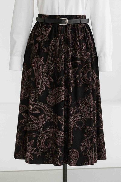 Şal Desenli Kemerli Beli Lastikli Kadife Etek Lacivert