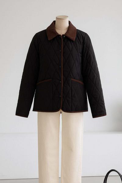 Kadife Yakalı Kapitone Şişme Mont Siyah