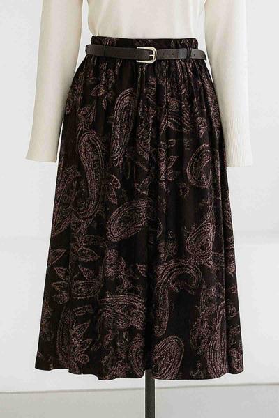 Şal Desenli Kemerli Beli Lastikli Kadife Etek Siyah