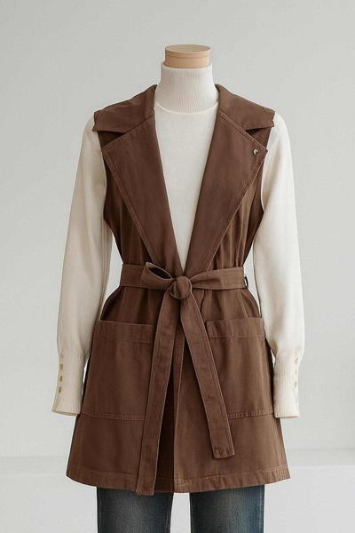 Kuşaklı Kruvaze Yaka Yelek Toprak