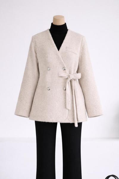 Dört Düğmeli Yandan Bağlamalı Yünlü Kaşe Ceket Açık Taş