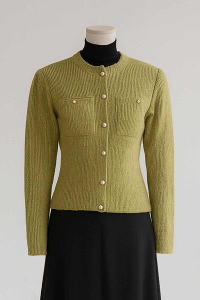 Çift Cepli Fitilli Triko Hırka Adaçayı