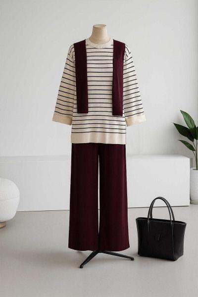 Üstü Çizgili Üçlü Pantolonlu Triko Takım Mürdüm