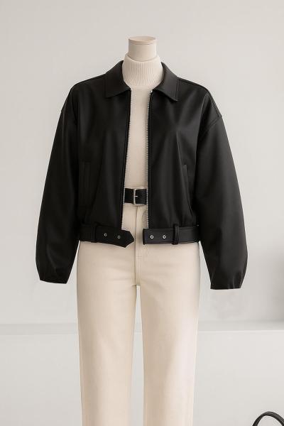 Beli Kemerli Fermuarlı Deri Mont Siyah