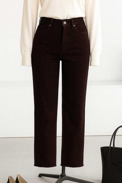 Şerit Detaylı Mom Fit Kot Pantolon Kahve