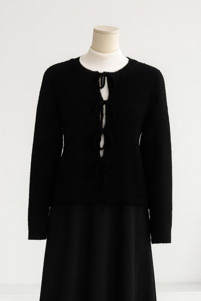 Dört Bağlamalı Buklet Triko Hırka Siyah