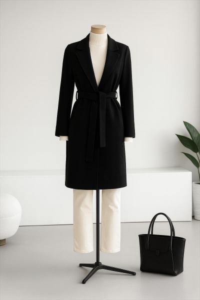 Kuşaklı Kaşe Astarsız Kaban Siyah