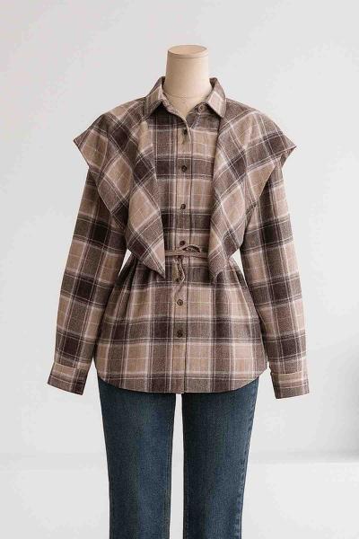 Ekoseli İkili Detay İnce Kuşaklı Gömlek Bej