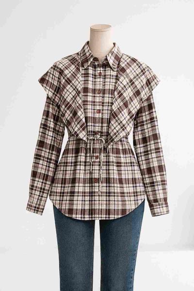 Ekoseli İkili Detay İnce Kuşaklı Gömlek Kahve