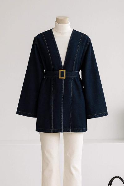 Tokalı Kemerli Kot Ceket Mavi