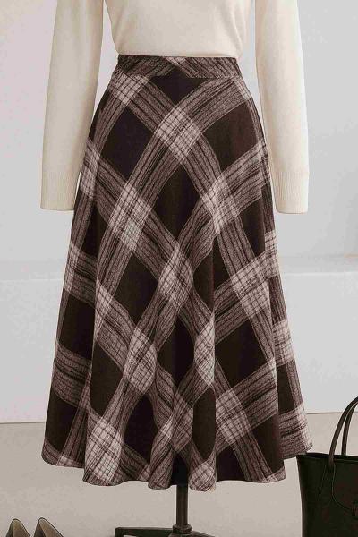 Beli Lastikli Ekose Kaşe Etek Sütlü Kahve