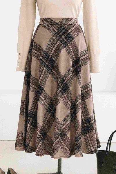 Beli Lastikli Ekose Kaşe Etek Vizon