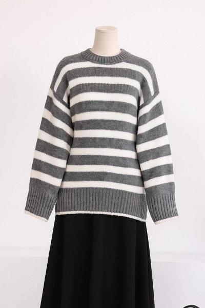 Bisiklet Yaka Kalın Enine Çizgili Triko Tunik Füme