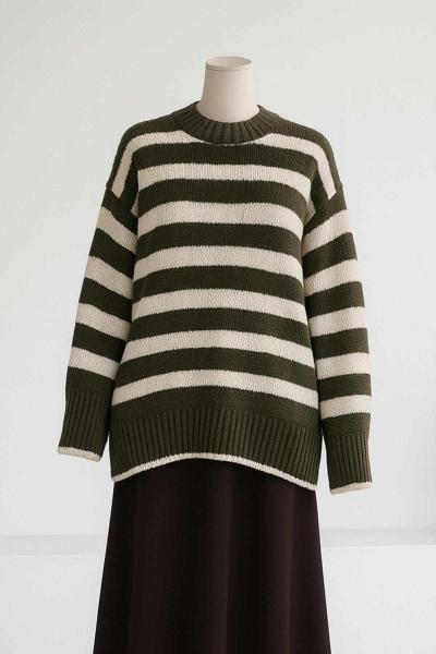 Bisiklet Yaka Kalın Enine Çizgili Triko Tunik Haki