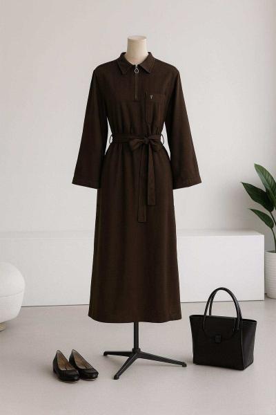 Yaka Fermuarlı Kuşaklıl Kot Elbise Kahve