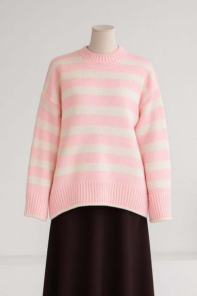 Bisiklet Yaka Kalın Enine Çizgili Triko Tunik Pembe