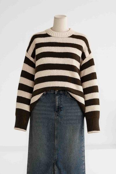 Bisiklet Yaka Kalın Enine Çizgili Triko Tunik Bej Kahve