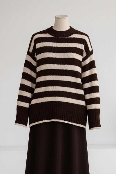 Bisiklet Yaka Kalın Enine Çizgili Triko Tunik Kahve Bej