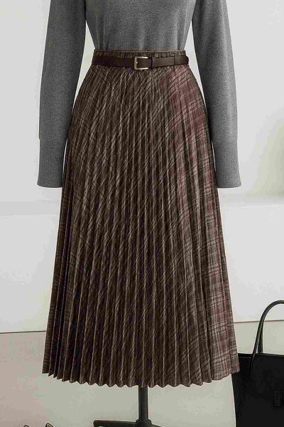 Beli Lastikli Piliseli Kemerli Çiçek Desen Kloş Etek Açık Kahve