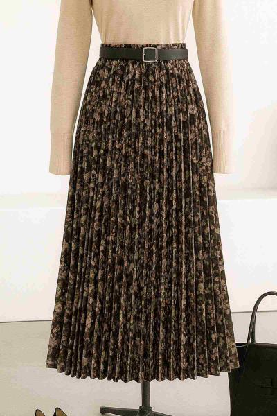 Beli Lastikli Piliseli Kemerli Çiçekli Kloş Etek Kahve