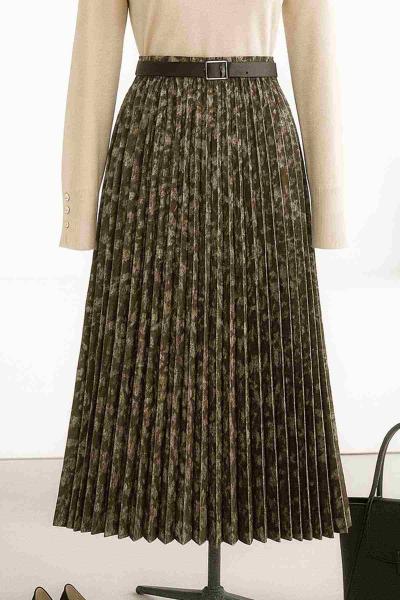 Beli Lastikli Piliseli Kemerli Ekoseli Kloş Etek Yağ Yeşili